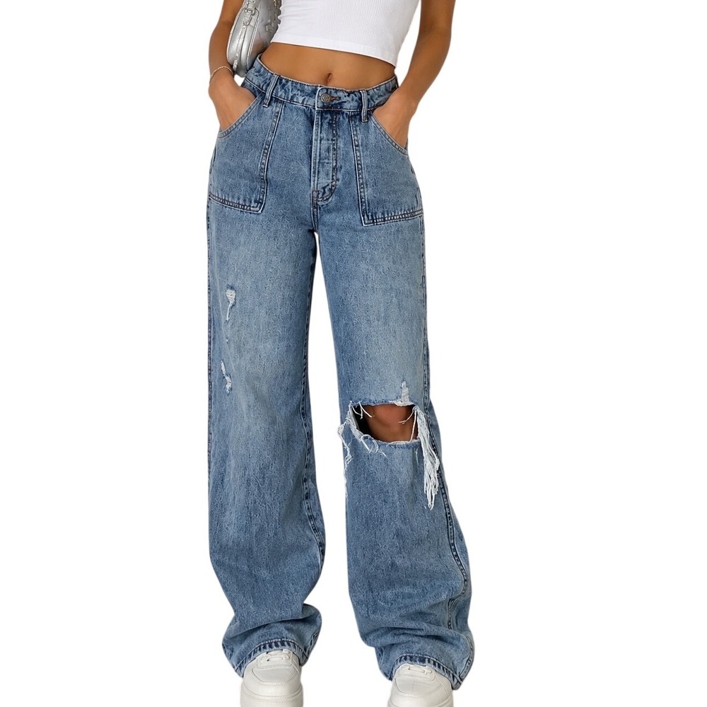 Hidden Jeans Women Blue Distressed Straight Leg Carpenter Jeans Size 27 Raw Hem